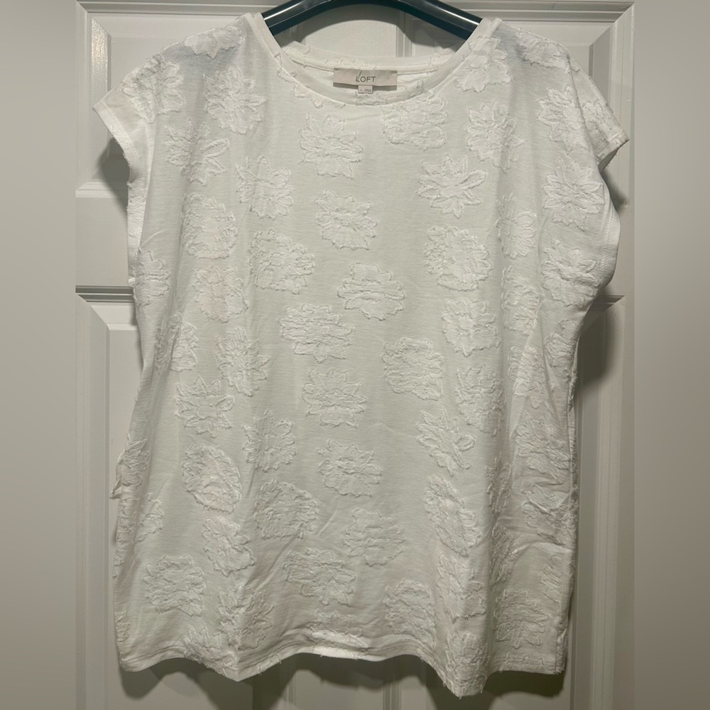 LOFT White Floral Embossed Short Sleeve Top